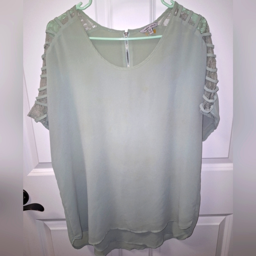 A Naked Zebra short sleeve ladies top in a size 1X. It features sheer shoulders